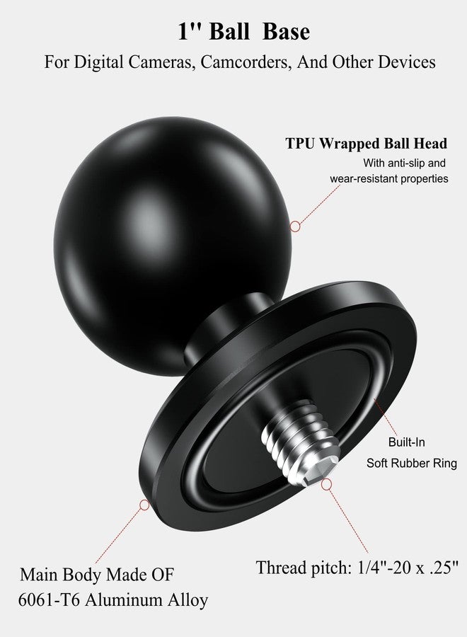 BRCOVAN Aluminum Alloy 1'' Ball Adapter with 1/4"-20 Threaded Stud for Action Camera & Camcorder Compatible with RAM Mounts B Size Double Socket Arm - Image 2